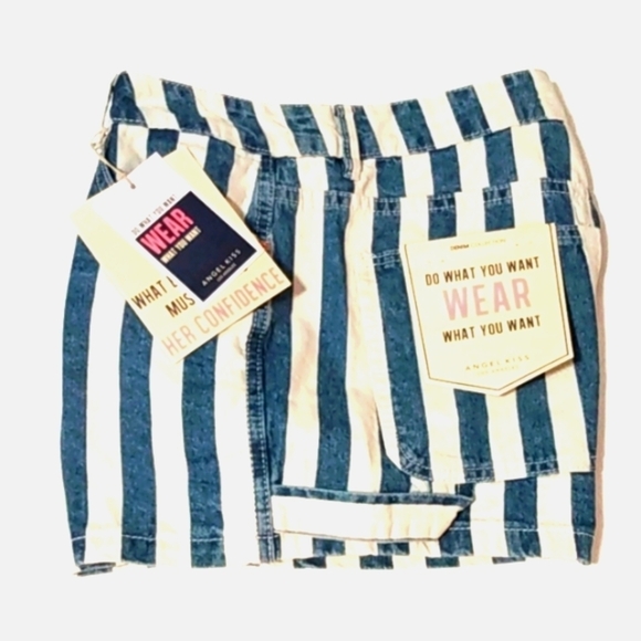 ANGEL KISS STRIPED HIGH RISE CARPENTER UTILITY SHORTS SIZE 7-28 NWT - Picture 2 of 7